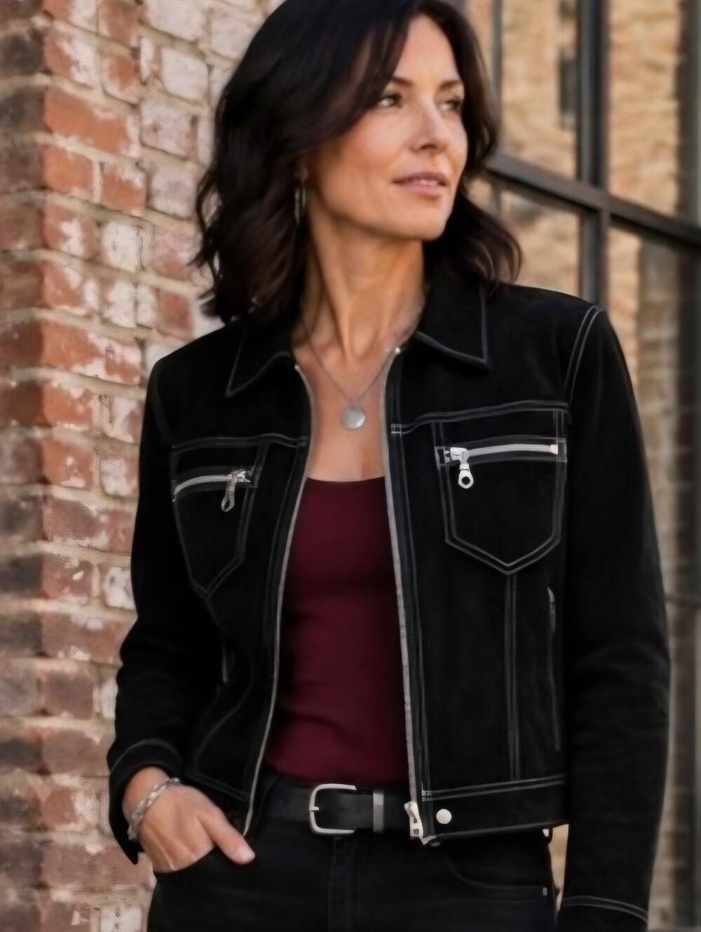 Wilson Black Suede Jacket with Silver Zip Pockets & Sculpted Gusseted Fit L